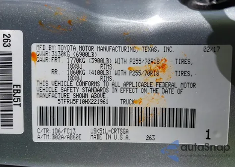 2017 Toyota Tundra Sr5 5.7L V8 from USA, damaged, VIN 5TFRW5F10HX221961